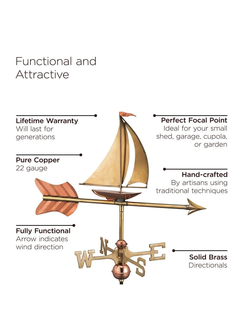 Sailboat Garden Copper Weathervane With Pole 4 Sailboat Garden Copper Weathervane With Pole - Image 2