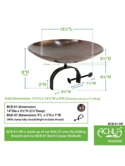 Achla Designs Burnt Copper Birdbath With Over-the-Rail Bracket -Garden Supplies Sales 8609301 03v
