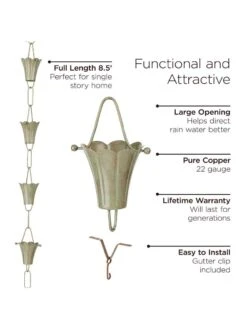 Fluted Flower Pure Copper Rain Chain, 8.5' -Garden Supplies Sales 8612742 03v